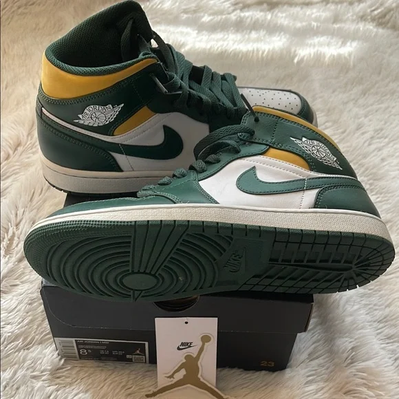 Air Jordan 1 Mid Green and Yellow SneakersSonics